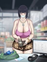 1female 1girls 2d 2d_(artwork) 2d_artwork asian_bimbo big_breasts black_hair bob_cut boruto:_naruto_next_generations bracelet camisole cash cash_register edit edited face_mask female gold_bracelet gold_jewelry gold_necklace hi_res highres hyuuga_hinata kennycomix kimkun0162 leaking_pussy leapord_print looking_at_viewer mask mature_female milf naruto naruto_(series) naruto_shippuden purse ring short_shorts silver_jewelry silver_necklace store tagme thick_thighs thong wet_pussy wide_hips