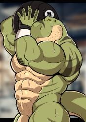 anthro balls bara barazoku darknaigart dinosaur flaccid jace_(darknaig) male male_only muscles muscular nude penis scalie solo solo_male sweat sweating tyrannosaurid tyrannosaurus tyrannosaurus_rex