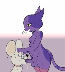 alekoin animal_crossing anthro balls bob_(animal_crossing) bodily_fluids clothing collar domestic_cat duo eyewear fan_character felid feline felis fur genitals glasses hair hand_on_hair hand_on_head hi_res holding_head legwear male male/male mammal moobs mouse murid murine nintendo nude oral penis purple_body purple_fur rodent saliva slightly_chubby thick_thighs thigh_highs