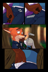 2017 akiric anthro belt bulletproof_vest canine clothed clothing comic disney duo english_text female fox hand_in_pants judy_hopps lagomorph male mammal nick_wilde onomatopoeia outside panties police_uniform rabbit rubbing sex sound_effects straight text tree uniform utility_belt zootopia