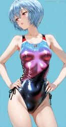 1girls ai_generated alternate_costume blue_hair glossy glossy_lips neon_genesis_evangelion one_piece_swimsuit painted_nails rei_ayanami shiny_clothes shiny_hair shiny_skin shoppy swimsuit tagme