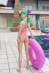 1girls 3d ass bangs breasts female femele fortnite giocamolly green_hair pool slender slender_legs solo swimsuit thighs tropical_punch_zoey water zoey_(fortnite)