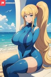 ai_generated beach big_breasts long_hair metroid milf nintendo ponytail samus_aran tktbro very_long_hair