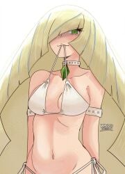 belly_button bikini biting_clothes breasts hair_over_one_eye looking_at_viewer lusamine_(pokemon) mature_female midriff milf older_female pokemon_sm wanderjegson