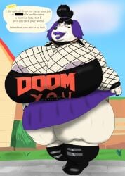 alternative_fashion alythewolfcat animal_crossing anthro big_breasts bottomwear breasts censored_text clothing english_text female fishnet_clothing goth gothabelle hi_res huge_breasts huge_thighs hyper hyper_breasts hyper_thighs isabelle_(animal_crossing) jewelry makeup morbidly_obese necklace nintendo nipple_outline nipple_slip obese overweight overweight_female shirt skirt solo tank_top text thick_thighs topwear