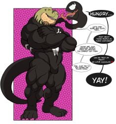 anthro balls bara barazoku bulge crossed_arms darknaigart dinosaur flaccid jace_(darknaig) male male_only marvel marvel_comics muscles muscular penis scalie solo solo_male speech_bubble symbiote tyrannosaurid tyrannosaurus tyrannosaurus_rex venom_(marvel)