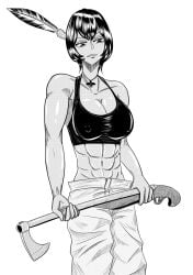 abs axe black_hair dark_skin feather_in_hair fit fit_female gun hybrid_weapon ines_bearheart_(ranggajati) large_breasts muscles muscular muscular_female native_american native_american_female necklace oc ogijibani’okwe_(ranggajati) original_character ranggajati tomboy weapon