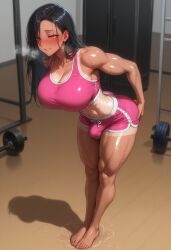 1girls abs ai_generated balls big_ass big_breasts black_hair blush female female_focus futanari futanari_focus huge_breasts kikia1 leaning_forward legs_together long_hair muscles muscular muscular_futanari original_character penis penis_bulge red_eyes standing sweat sweatdrop sweaty_body wide_hips