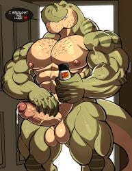 anthro balls bara barazoku boner darknaigart dinosaur erection jace_(darknaig) lube male male_only muscles muscular nude penis scalie solo solo_male speech_bubble tyrannosaurid tyrannosaurus tyrannosaurus_rex