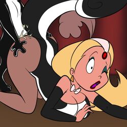 all_fours anthro black_eyes bow_tie breasts cleavage clothed clothing cum cum_inside cum_on_tail doggy_style dripping duo eyebrows eyelashes feathers female female_on_anthro forced from_behind_position fur hair human human_focus human_on_anthro interspecies lonbluewolf looney_tunes male mammal multicolored_fur one_eye_closed open_mouth penetration pepe_le_pew rape ribbons sex skunk smooth_fur straight tongue warner_brothers