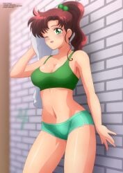 1girls after_workout alluring athletic_female big_breasts bishoujo_senshi_sailor_moon bra brown_hair cleavage clothing fit_female green_eyes gym_shorts large_breasts makoto_kino post_workout sailor_jupiter shorts sports_bra sweat towel zel-sama