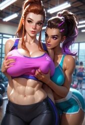 2d 2girls ai_generated brigitte grabbing_breasts gym huge_breasts overwatch overwatch_2 sombra sports_bra sports_uniform