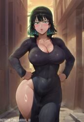 1girls ai_generated amiral_ai bare_thighs big_breasts blush clothed clothing color dress female female_focus female_only fubuki_(one-punch_man) green_eyes green_hair hi_res large_breasts light-skinned_female light_skin looking_at_viewer one-punch_man short_hair solo solo_female tagme thick_thighs