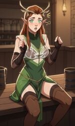 1girls ai_generated antlers ass bigmic145 bra breasts brown_hair critical_role critical_role:_vox_machina curvy drunk elbow_gloves elf elf_ears female female_only freckles green_clothing green_eyes keyleth loincloth long_hair pointy_ears see-through see-through_clothing spilled_drink teasing the_legend_of_vox_machina thigh_boots wet wet_clothes