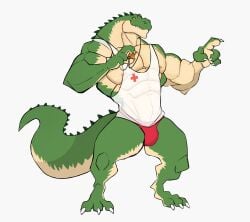 anthro balls bara barazoku bulge crocodile crocodilian darknaigart flaccid league_of_legends male male_only muscles muscular penis renekton scalie solo solo_male tank_top