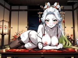 1girls ai_generated anilvl bare_shoulders black_bra black_panties black_thighhighs blush bow_panties bra bra_pull breasts candle candlelight cleavage collarbone colored_skin cracked_skin cushion daki_(kimetsu_no_yaiba) demon_slayer earrings eyeliner eyeshadow flower forehead gradient_hair green_eyes green_hair grin hair_ornament hair_stick indoors jewelry kimetsu_no_yaiba lace_trim lantern large_breasts lingerie lipstick long_hair looking_at_viewer lying makeup multicolored_hair navel night nipples on_side pale_skin panties parted_lips pink_bra pink_panties red_eyeshadow red_lips shouji sliding_doors smile solo strap_slip table tassel tatami thighhighs thighs underwear underwear_only vase white_hair white_skin