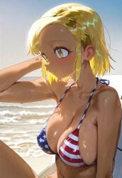 ai_generated american_flag_bikini angol_mois athletic_female beach big_breasts bikini blonde_hair doram huge_breasts keroro_gunsou large_breasts short_hair sideboob smiling solo_female squatting sweat sweatdrop tan-skinned_female tan_body tanned_female tanned_skin voluptuous voluptuous_female yellow_eyes