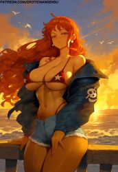 2024 2d ai_assisted artist_name bikini_top brown_hair denim_shorts erotic_nansensu female female_only flowing_hair hourglass_figure jacket nami_(one_piece) off-shoulder_jacket off_shoulder one_piece orange_hair patreon_username sea sunset thong watermark wip