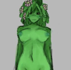 1female 1girls 2d_(artwork) breasts breasts_out female_focus flower flower_in_hair flowers green_(sprunki) green_hair green_skin looking_at_viewer looking_down naked naked_female simple_background sprunki vineria_(sprunki)