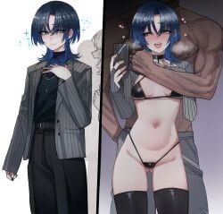 1boy1girl ahe_gao blue_eyes blue_hair difference handsomewaifu heart-shaped_pupils hiodoshi_ao hololive hololive_dev_is hololive_japan hololive_regloss legwear micro_bikini ntr open_mouth ratatatat74 short_hair small_breasts taking_picture tomboy