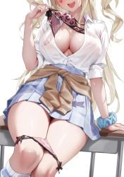 1girls 2d absurdres animal_print azur_lane blonde_hair blue_skirt bow bow_bra bow_panties bra bra_lift bra_pull breasts brown_cardigan cardigan cardigan_around_waist classic_(zildjian33) clothes clothes_around_waist clothes_lift clothes_pull desk female guam_(azur_lane) gyaru head_out_of_frame highres large_breasts leopard_print leopard_print_bra leopard_print_panties long_hair on_desk open_bra open_mouth paid_reward_available panties panties_down panty_pull pink_bra pink_panties pleated_skirt print_bra print_panties pulling_own_clothes removing_bra removing_bra_under_shirt school_desk school_uniform scrunchie shirt skirt smile solo teeth underwear upper_teeth_only white_shirt