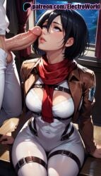 1boy 1girls abs ai_generated attack_on_titan balls black_hair blush breasts curvy curvy_body curvy_female electroworld female female genitals highres inviting_to_sex looking_at_viewer male male/female mikasa_ackerman nude penis penis_on_face penis_out precum saliva shiny_skin smile sweat uncensored vein veins veiny_penis