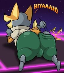 1boy anthro ass ass_focus balls_outline big_ass big_butt bottomwear canid canine clothed clothing fox_mccloud furry furry_only gay huge_ass huge_butt male male_only melee_fox orange_fur penis_bulge shortstack slapping_butt solo solo_male spanking_own_ass star_fox super_smash_bros. tagme tail taunting tepigfan101 terminalmontage thick_thighs