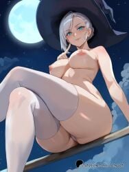 1girls ass blue_eyes breasts broom broom_riding crossed_legs from_below full_moon hair_bun hat lainart long_hair medium_breasts moon night night_sky nipples outdoors panties patreon_username rwby single_hair_bun sitting sky smile smirk solo thighhighs topless underwear underwear_only white_hair white_panties white_thighhighs winter_schnee witch witch_hat