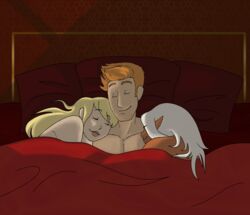 1boy 2girls after_sex alistair_theirin bed carnivorouscandy comic dalish_elf dark-skinned_female dark_skin dragon_age dragon_age_origins female grey_warden happy happy_sex interracial jocelyn lyna_mahariel male_human/female_elf multiple_girls on_bed pale-skinned_male pale_skin romantic sleeping threesome