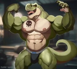 anthro balls bara barazoku bulge darknaigart dinosaur flaccid flexing jace_(darknaig) jockstrap jockstrap_only male male_only muscles muscular penis scalie solo solo_male tyrannosaurid tyrannosaurus tyrannosaurus_rex underwear underwear_only