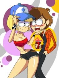 1boy 1girls aged_up bare_shoulders big_breasts black_eyes blonde_hair blush bracelet brown_hair busty cap cleavage cup curvy denim denim_shorts detailed_background dipper_pines disney disney_channel duo ear_piercing earrings eyelashes eyeshadow female front_view gravity_falls hat hat_switch headwear_swap holding_object hoop_earrings human male manic47 midriff older open_mouth pacifica_northwest piercing pose posing shiny shiny_skin short_hair short_shorts shorts smooth_skin standing straight teasing tube_top tubetop voluptuous wearing_others_clothes wearing_partner's_clothes wide_hips yellow_hair