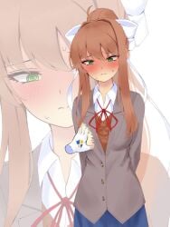 1girls blush blushing_female brown_hair color doki_doki_literature_club embarrassed embarrassed_female exposed_breasts female female_only fully_clothed fully_clothed_female grabbing_breasts green_eyes hands_behind_back miham_moni monika_(doki_doki_literature_club) ponytail ribbon_in_hair school_uniform shy solo solo_female sweat swirly_eyes touching_breast white_bow