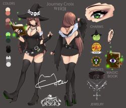 breasts brown_hair cleavage clothing female green_eyes heels indie_virtual_youtuber journey_croix large_breasts meowyin reference_sheet source_deleted stockings virtual_youtuber vtuber witch witch_hat