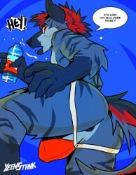 anthro anus ass beverage_bottle bottle butt_focus clothed clothing container hi_res hyena jockstrap jockstrap_only male mammal pose presenting presenting_hindquarters raised_leg raised_tail red_eyes solo speech_bubble tail topless underwear underwear_only yeenstank