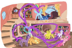 all_fours anal anal_penetration aogami applejack_(mlp) bed book bookshelf building cunnilingus double_penetration equid equine female female/female feral floor fluttershy_(mlp) flying friendship_is_magic furniture glowing glowing_horn group hasbro hi_res horn horse house looking_pleasured lying magic_user mammal my_little_pony on_back open_mouth oral penetration pony rainbow_dash_(mlp) rarity_(mlp) sex spread_legs spread_wings spreading stairs summoning tentacle_in_ass tentacle_in_vagina tentacle_penetration tentacles tongue tongue_out twilight_sparkle_(mlp) vaginal vaginal_penetration window wings wood wood_floor