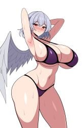 1girls 2d armpits arms_behind_head arms_up belly belly_button big_breasts bikini bikini_only blush breasts breasts_bigger_than_head cleavage feathered_wing female hips huge_breasts kishin_sagume long_breasts looking_at_viewer posing red_eyes sagume_kishin shiny_clothes shiny_hair shiny_skin short_hair silver_hair single_wing smile solo source ssaf ssaf52913778 ssaf_seibeupail standing sweat sweatdrop swimwear swimwear_only thick_thighs thighs thin_waist touhou white_background white_hair wide_hips wing