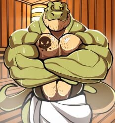 anthro balls bara barazoku crossed_arms darknaigart dinosaur jace_(darknaig) male male_only muscles muscular penis sauna scalie shirtless solo solo_male steam sweat sweating towel towel_around_waist tyrannosaurid tyrannosaurus tyrannosaurus_rex