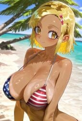 ai_generated american_flag_bikini angol_mois athletic_female beach big_breasts bikini blonde_hair doram huge_breasts keroro_gunsou looking_at_viewer massive_breasts short_hair smiling solo_female squatting sweat sweatdrop tan-skinned_female tan_body tanned_female tanned_skin voluptuous voluptuous_female yellow_eyes