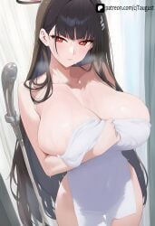 1girls ai_assisted ai_generated ai_hands bath bathing bathroom big_ass big_breasts black_hair blue_archive cleavage curvy female female_only hair_ornament hi_res highres huge_breasts long_hair looking_at_viewer naked_towel patreon patreon_url red_eyes rio_(blue_archive) solo source_removed taugust