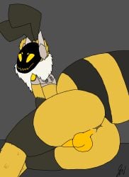 abdomen antennae antennae_(anatomy) anthro anus ass_focus balls ballsack bee bee_abdomen big_ass brown_legs chestplate femboy head_fluff jasminehan joe_the_femboy_bee neck_fluff protogen shoulder_armor sitting stinger yellow_eyes yellow_fur yellow_legs yellow_mouth