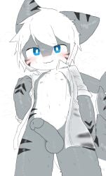 anthro balls blue_eyes blush blushing breath_cloud changed_(video_game) fins gray_body male_only nipples penis sanu(サヌ) shark_(changed) shirt_open simple_background solo solo_focus sweat sweatdrop tagme tail tiger_shark_(changed) white_background