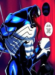 1boy 1girls english_text erection female femdom giant_male giant_penis gwen_stacy hyper_erection hyper_penis imminent_ejaculation male male_focus muscles muscular_male penis pleading spider-gwen symbiote teased text veiny_penis venom venom_(marvel) webbed_hands