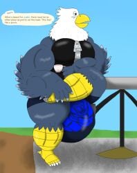 accipitrid accipitriform alythewolfcat animal_crossing anthro apollo_(animal_crossing) avian big_bulge bird blue_rose bulge clothing container cup eagle english_text feather_hands feathers flower hi_res holding_container holding_cup holding_object holding_tea_cup huge_bulge huge_hips hyper hyper_bulge male muscular muscular_male nintendo plant rose_(flower) shirt solo tank_top tea_cup text topwear wide_hips zipper_tanktop