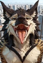 ai_generated anthro aurugy bodily_fluids city city_background detailed dripping furry hi_res looking_at_viewer male mouth_shot open_mouth outdoors outside realistic saliva saliva_drip sergal sharp_teeth solo teeth throat tongue tongue_out wide_open_mouth