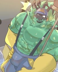 abs big_pecs bulge gloves green_body handwear headphones headwear janitor_thresh league_of_legends male male_focus male_only male_tits moobs muscular muscular_male mzsilent nipples pants pecs shirtless shirtless_male solo solo_male suspenders the_grind_series thresh topless topless_male