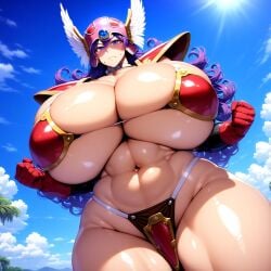 1girls ai_generated alternate_body_type alternate_breast_size big_breasts bikini bikini_top breasts cleavage collarbone dragon_quest dragon_quest_iii gigantic_breasts gloves handwear huge_breasts large_breasts light-skinned_female light_skin long_hair minmin purple_eyes purple_hair soldier_(dq3) solo yellow_eyes