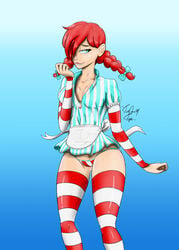 blue_eyes female lostandfounding mascot panties red_hair solo striped_leggings striped_panties twintails wendy's wendy_thomas