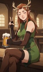 1girls ai_generated antlers ass bigmic145 breasts brown_hair critical_role critical_role:_vox_machina curvy drunk elbow_gloves elf elf_ears female female_only freckles green_clothing green_eyes keyleth loincloth long_hair pointy_ears teasing the_legend_of_vox_machina thigh_boots