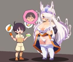 1boy animal_ears belt black_hair blue_eyes blush bow bowtie breasts captain_(kemono_friends) cleavage clothes_lift clothes_pull dress dress_lift female female_pubic_hair food gyokuryu_(kemono_friends) hair_over_one_eye hairband headgear highres horse_ears horse_girl horse_tail huge_breasts in_heat jacket japari_bun kemono_friends kemono_friends_3 ki94959437 long_hair long_sleeves looking_at_another multi_ear open_mouth orange_trim pantyhose pantyhose_pull pubic_hair purple_belt purple_bow purple_bowtie purple_hairband pussy_juice safari_jacket shirt short_hair short_sleeves sidelocks size_difference smile solo spoken_food tail white_hair white_pantyhose you_gonna_get_raped