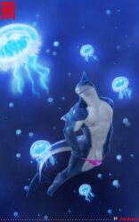 abs anhes anthro_shark balls breasts duke_nauticus fin jellyfish male muscles muscular ocean pecs penis pink_thong shark stars thong underwater